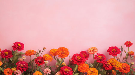 Bright orange and red flowers bloom against a pink backgroundの素材