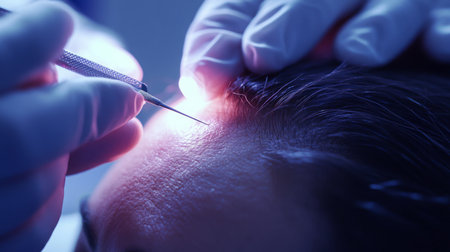Medical professional performs scalp treatment using lighted instrument in clinical settingの素材