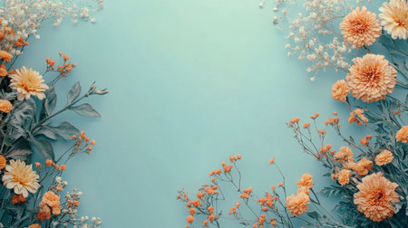 Beautiful arrangement of orange flowers on a light blue background for spring decorの素材