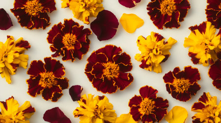 Red and yellow marigold flowers and petals are arranged on a white surfaceの素材