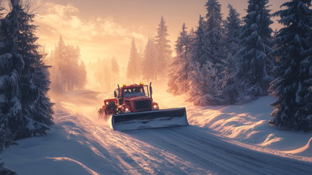 Snow plow clears winter road surrounded by evergreen trees at dawn in tranquil landscapeの素材