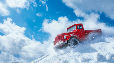 A bright red truck navigates through deep snow under a clear blue sky in wintertimeの素材