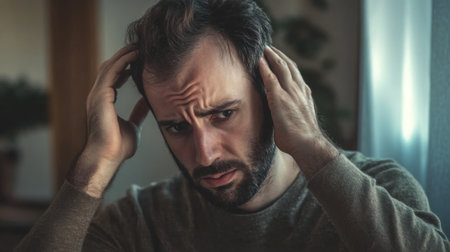 Young man expressing distress and frustration while sitting indoors in low lightの素材