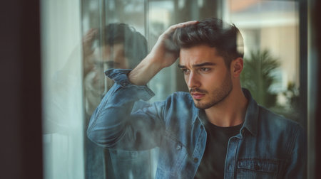 Young man reflecting while looking through a window on a calm evening by a modern buildingの素材