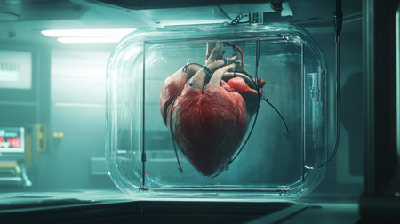 A large human heart suspended in a glass container within a futuristic lab environmentの素材