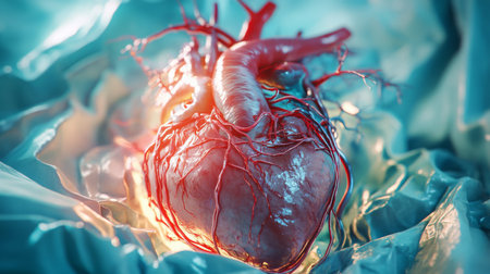 A vibrant human heart with detailed arteries highlighted against a vivid blue backgroundの素材
