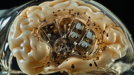 A close-up of a model human brain with implanted circuitsの素材