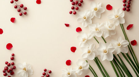 White daffodils and red berries on a cream backgroundの素材