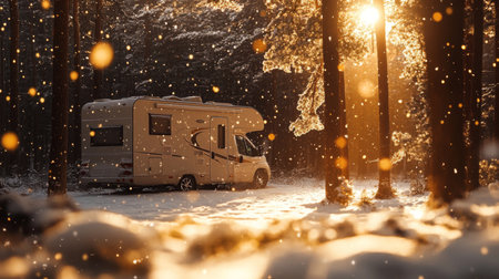 Cozy RV parked amidst snowy trees during golden hour in a tranquil winter landscapeの素材