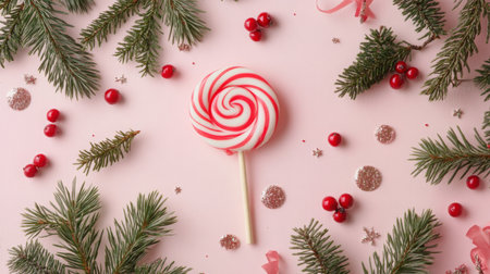 Colorful swirled lollipop surrounded by festive decorations on a pink backgroundの素材