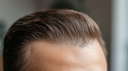 Groomed hairstyle showcasing a sleek look for men in a modern indoor settingの素材