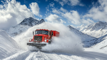 Red snow truck navigating a snow-covered mountain road during a bright winter dayの素材