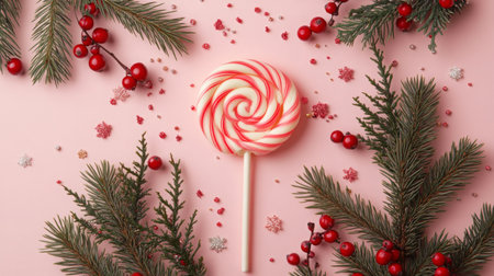 A red and white candy cane lollipop on a pink background with pine and red berriesの素材