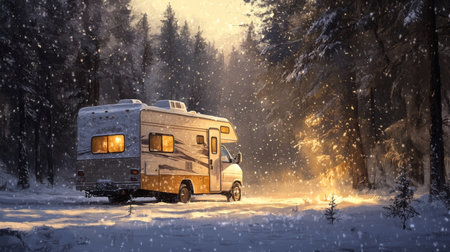 A cozy camper parked amidst a snow-covered forest during a winter sunsetの素材