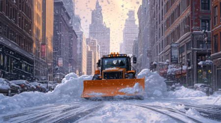 Snow plow clears a busy city street during a winter storm in the early morning lightの素材