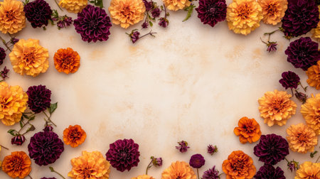 A vibrant arrangement of marigolds and dahlias in autumn hues on a neutral backgroundの素材