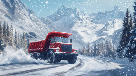 A red dump truck navigates a snowy mountain road during winter in a scenic landscapeの素材