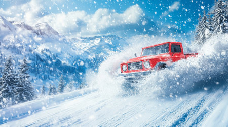 A red pickup truck driving through deep snow in a winter mountain landscape on a sunny dayの素材