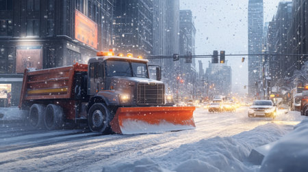 Snowplow clears snow-covered city streets during winter storm in an urban downtown areaの素材