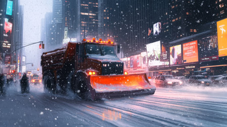Snow plow clears snow-covered streets in Times Square during winter storm at nightの素材