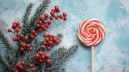 A red and white candy cane lollipop lies on blue background by evergreen with red berriesの素材