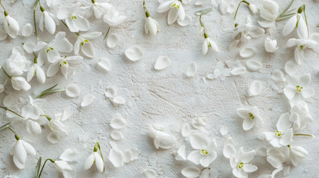 White snowdrop flowers arranged on a textured surface during spring seasonの素材