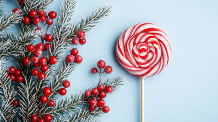 A red and white candy cane lollipop next to a snowy evergreen branchの素材