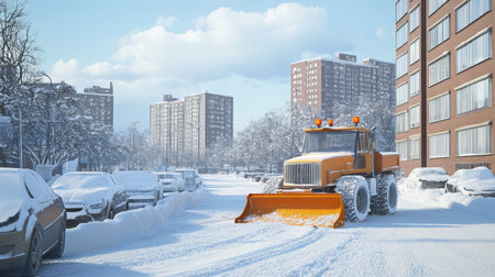 Snowplow clears residential street in winter, surrounded by tall buildings and parked carsの素材