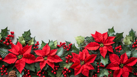Vibrant red poinsettias and green foliage for festive winter decoration in a cozy settingの素材