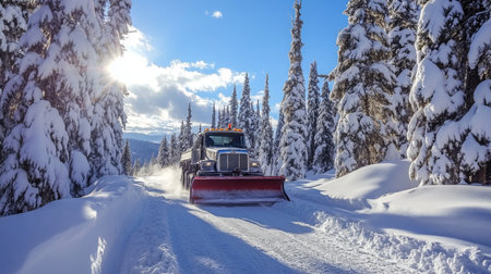 Snow plow clears a snowy mountain road under bright blue sky and sunlight in winterの素材