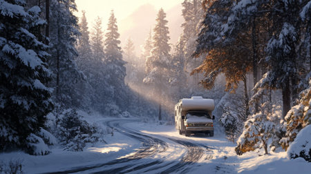 A snowy road winds through a forest as a camper van enjoys a peaceful winter morningの素材