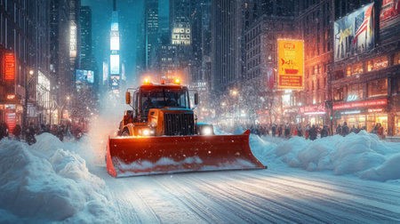 Snowplow clears heavy snow in a bustling city street during winter nightの素材