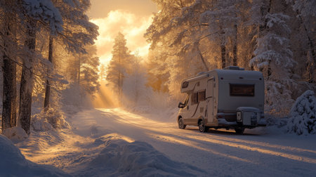 A scenic winter sunset illuminating a cozy RV parked along a snow-covered forest roadの素材