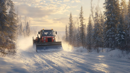 Snow plow clears snowy roads at dawn in a winter forest landscapeの素材