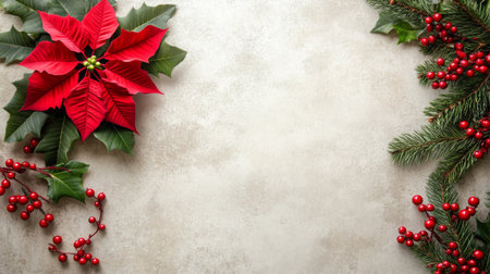 Festive bright red poinsettia and holiday decorations on a textured backgroundの素材