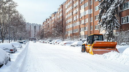 Snow-covered street with snowplow clearing roads in residential area during winter monthsの素材