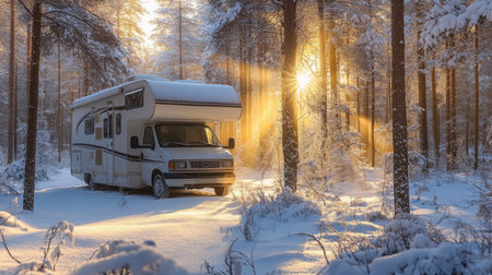 Cozy RV parked in a snowy forest with sun rays filtering through tall trees at dawnの素材