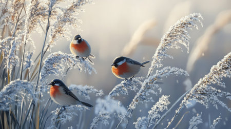 Three birds perched on frosted grass in serene winter landscape during early morning lightの素材