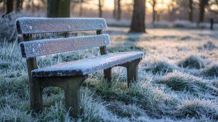 Frost-covered bench in a serene winter landscape during early morning lightの素材