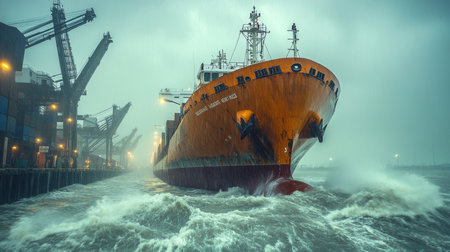 Cargo ship battles fierce waves at a busy port during a stormy night with industrial cranes in the background. Generative AIの素材