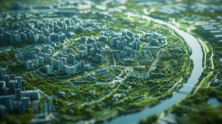 Aerial view of a modern urban landscape with river and green spaces during daylightの素材