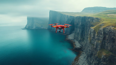 Drone flight over a rocky coastline with dramatic cliffs and turquoise waters on a cloudy day. Generative AIの素材