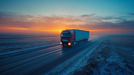 A red truck driving on a snowy road at sunset with vibrant colors illuminating the sky in a cold winter landscape. Generative AIの素材