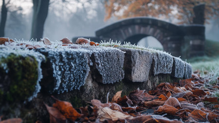 Frost-covered stones and autumn leaves near a misty bridge at dawn in a serene landscapeの素材