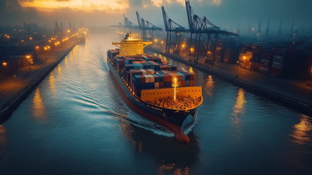 Large cargo ship navigating through a harbor at dusk, illuminated by city lights and surrounded by industrial cranes. Generative AIの素材