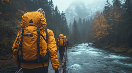 Hikers crossing a bridge over a river surrounded by autumn foliage and mountains on a misty day. Generative AIの素材