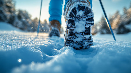 Snow-covered trail walk with trekking poles amidst winter landscape in the early morning light. Generative AIの素材