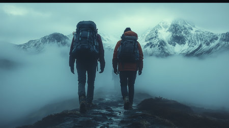 Two hikers trek through foggy trails in the mountains, surrounded by snow-capped peaks on a cool day. Generative AIの素材