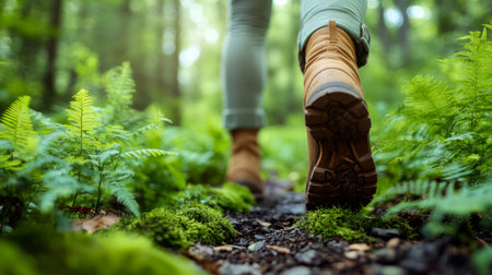 A person walks through a lush green forest trail surrounded by ferns and moss on a sunny afternoon with hiking boots. Generative AIの素材