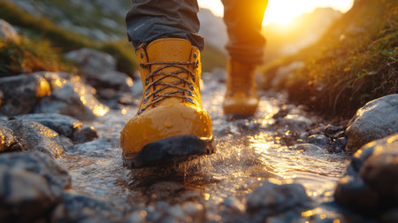 A hiker navigates a rocky stream wearing bright yellow boots during sunset in a serene mountain landscape. Generative AIの素材
